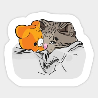 Sad Kitten Cat Crying bed with Teddy Meme Sticker